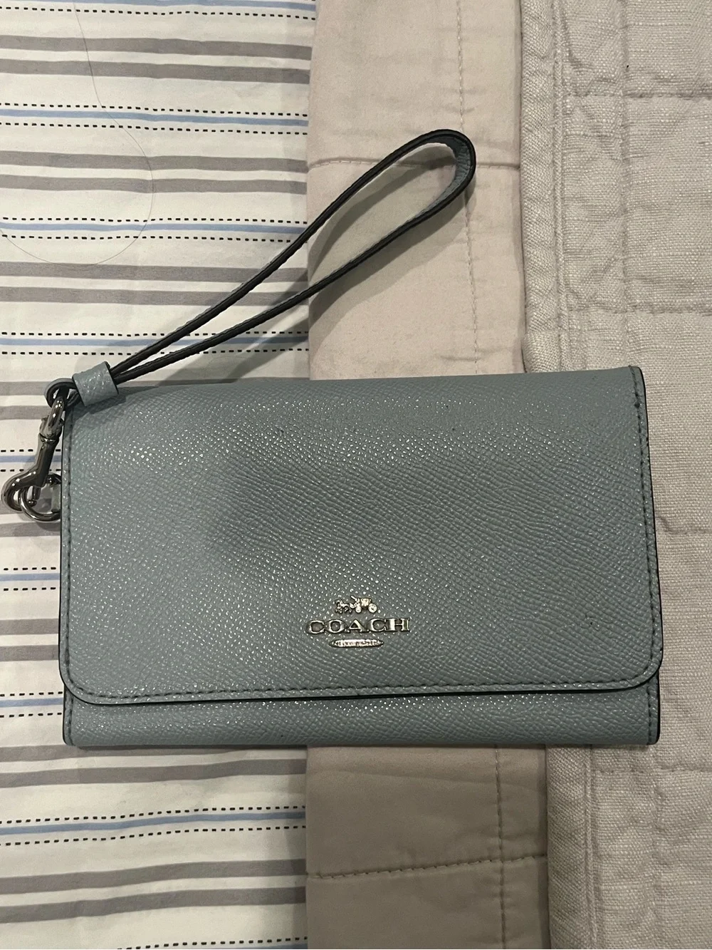Coach Light Blue Pebbled Leather Wristlet Clutch